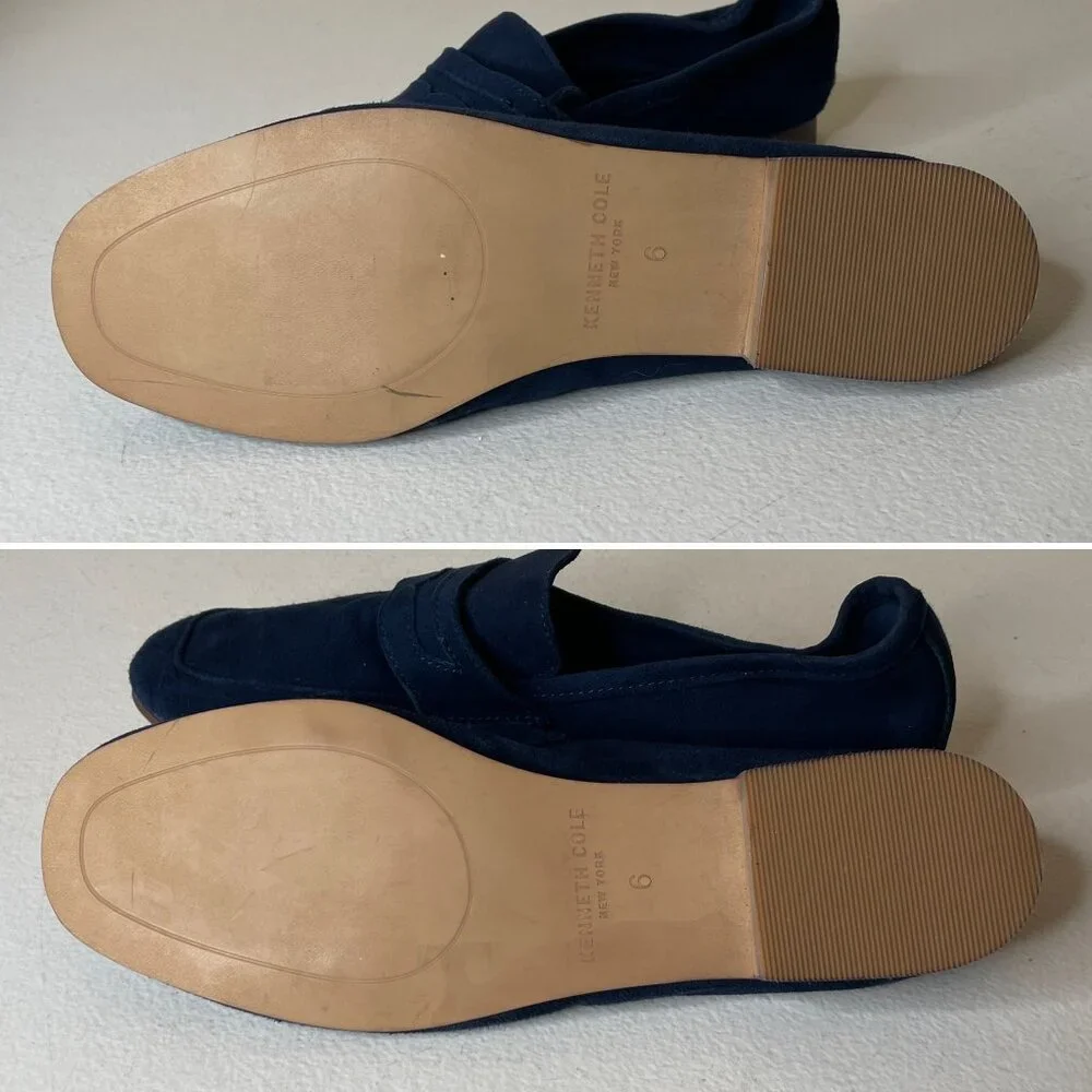 Kenneth Cole Dean Navy Unlined Suede Flexible Penny Loafer Flats Size 6